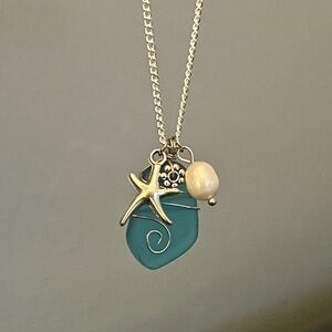 Teal Sea Glass Starfish Necklace with Pearl Accent